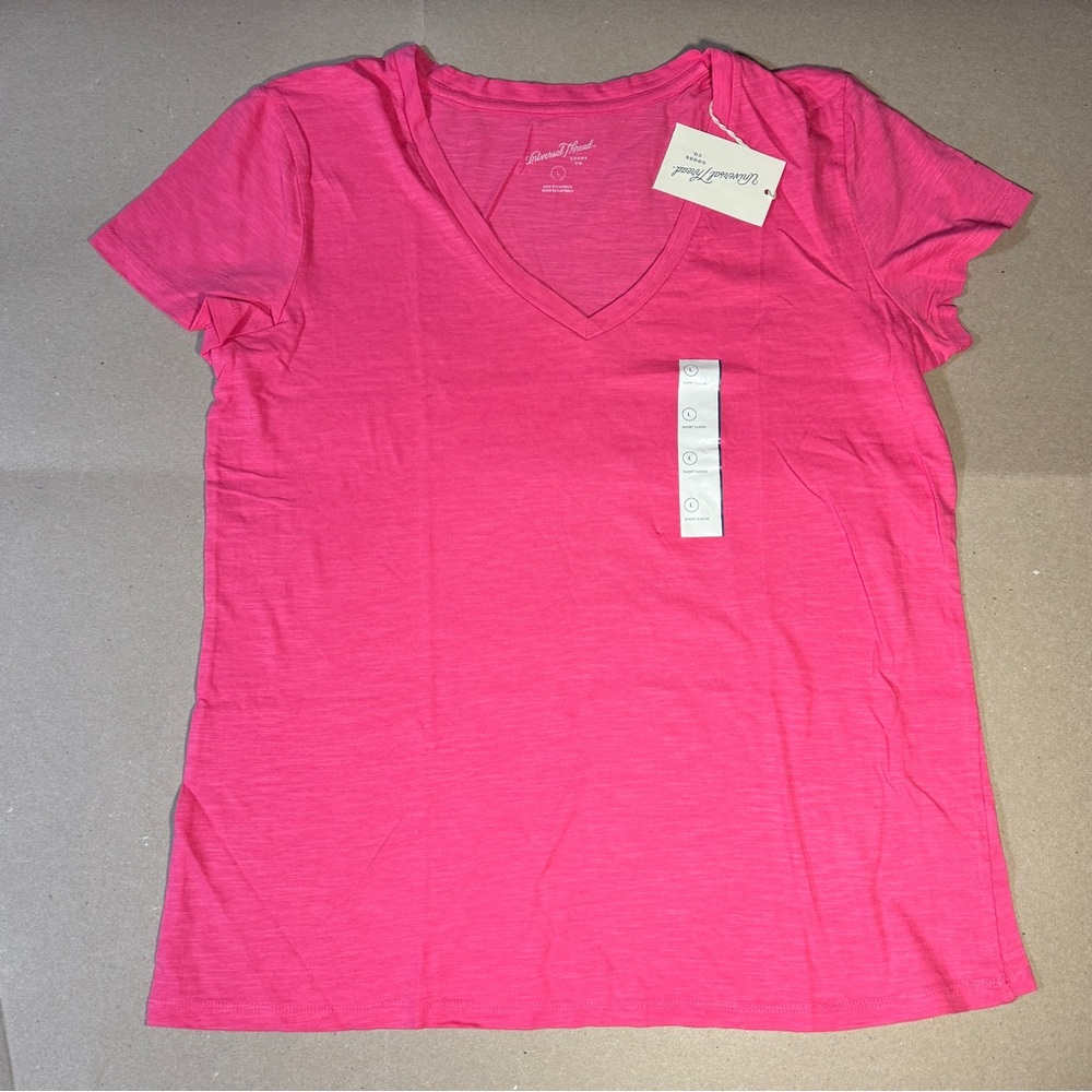 Women's Fitted V-Neck Short Sleeve T-Shirt - Universal Thread Dark Pink L 3039 - Picture 2 of 6